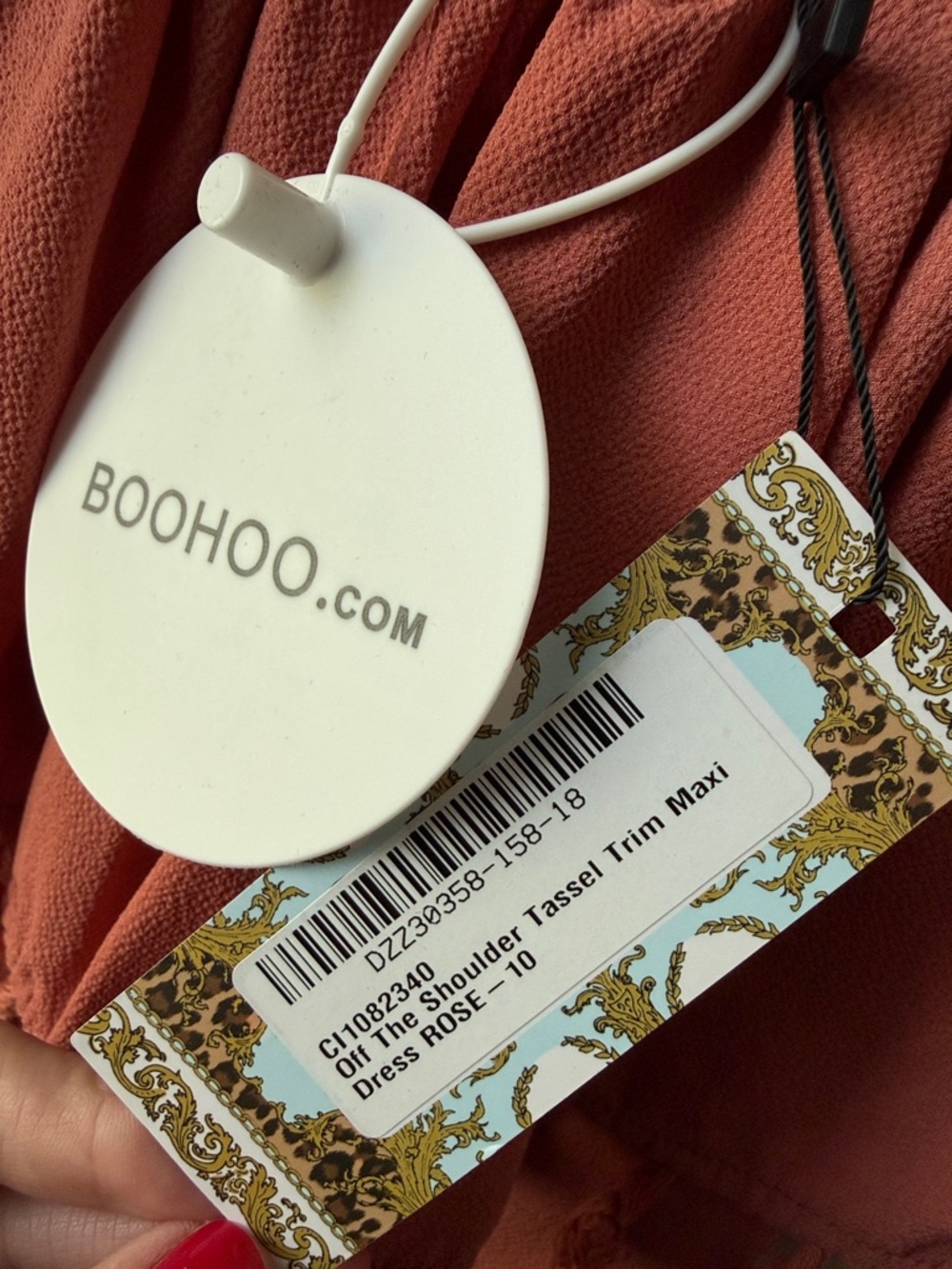 Boohoo Rust Off-Shoulder Tassel Maxi Dress - Picture 2 of 7